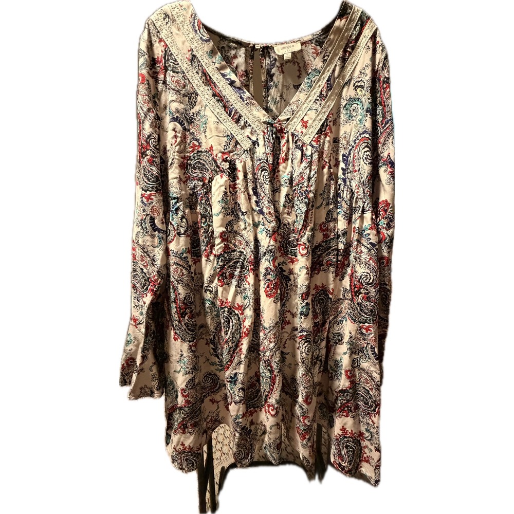 Umgee Womens Paisley Bell Sleeve Boho Mini Dress Crochet Lace Trim V-Neck Large